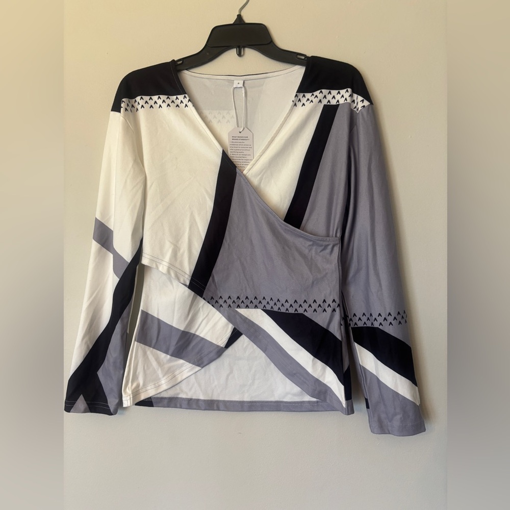 Colorblock Wrap-Style Long Sleeve Top - White, Gray & Black